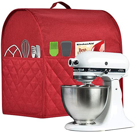 Staubdichte Abdeckung für KitchenAid-Mixer, mehrere Taschen für verschiedene Küchengeräte, wasserabweisend, einfache Reinigung (rot, passend für Schüsselheber von 5–8 Quart)