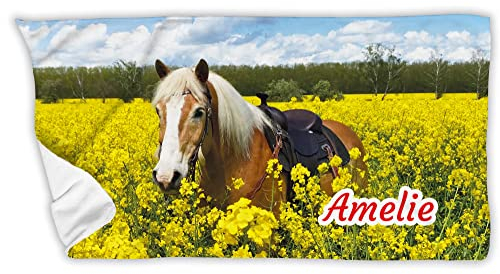 Unikatolo Badetuch Pferd mit Name personalisiert | 70 x 140 cm | Strandtuch Reiten Haflinger | Geschenk Frauen Mädchen Geburtstag Pferdemädchen