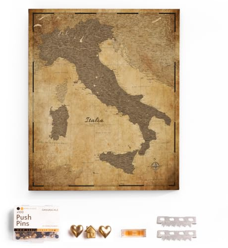 Italien-Leinwandkarte mit Pinnwand aus Kork zum Anheften von Reisezielen - Hochwertige Leinwandtafeln mit Italienkarte in verschiedenen Größen (60x50 cm, Entwurf 1)