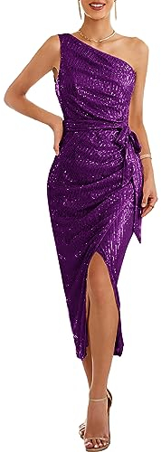 GRACE KARIN Elegant Midi Bleistiftkleid Glitzer Pailletten Partykleid mit Schlitz, Farbe: Violett, Größe: L