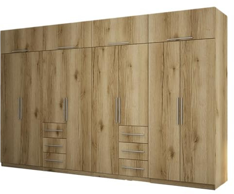 e-Meblast Moderner Kleiderschrank 360x220 cm - Geräumiger, praktischer Schrank mit Kleiderstange, Ablagen, Schubladen - Garderobe, Schlafzimmerschrank für Schlafzimmer, Ankleidezimmer - Eiche Grand