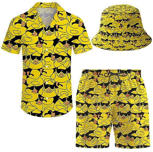 ifamawlea Herren 2-teiliger Trainingsanzug Hawaii-Hemd Shorts Button-Down-Shirt und Shorts Sets mit Eimerhüten, Süße Sonnenbrille, Gummiente, XXX-Large