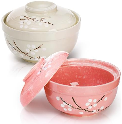 Goaste 2 Pack Ceramic Ramen Noodle Bowl, 27 OZ Big Ramen Bowl with Lid, Japanese Hand-Painted Ceramic Tableware, Durable Floral Soup Bowl for Noodles, Porridge, Rice, Dishwasher Safe(Pink, Cyan Blue)