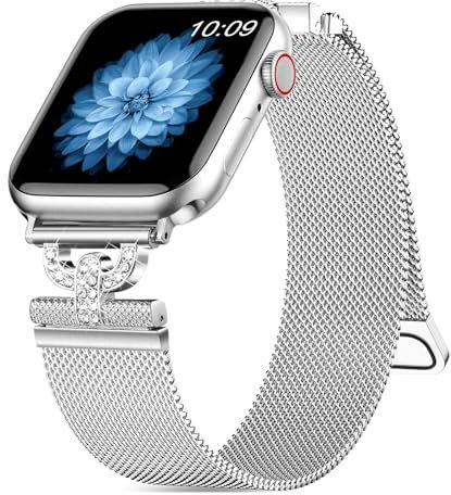 Tuocal Kompatibel mit Apple Watch Armband 42mm(Series 10) 38mm 40mm 41mm, Funkelnder Glitzer Diamant Metall Edelstahl Ersatzarmband für iWatch Series 10 9 8 7 6 5 4 3 2 1 SE Sports Edition, Silber