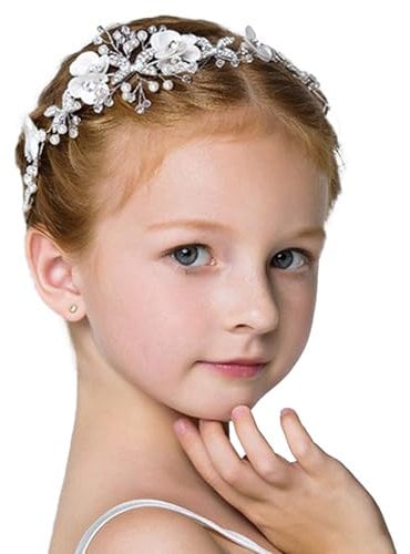 Haarschmuck Prinzessin Hochzeit Perle Haarschmuck Kommunion Mädchen, Haarbänder für Mädchens Blumenkranz Haare Kinder Hochzeit Mädchen Blumen Braut Haarschmucks Perle Stirnband (Weiß)