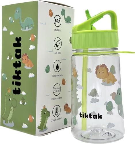Tiktak - Gourde Enfant avec paille 400ml - Garçons et Filles - Sans BPA - Pour l'école, les voyages, le sport - Anti-fuite (Vert - Motif Dinosaure)