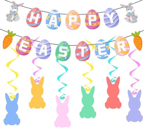 Ostern Deko, Frohe Ostern Banner Girlande, Hase Ostern hängende Wirbel Dekorationen, Frühling Dekorationen für Home Fenster Office Klassenzimmer Ostern Party Osterei Jagd Dekorationen