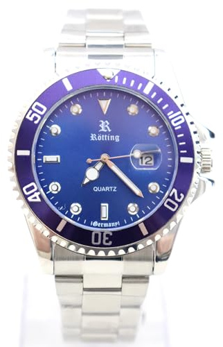 Rötting Design Herrenuhr Quarz aus der Collection Rötting Blaue Lünette zum Drehen blaues Ziffernblatt Datum