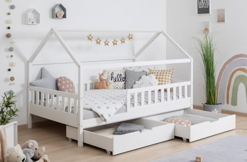 TiCAA Kinderbett Bodenbett Hausbett Kay Kiefer inkl. Schubkästen