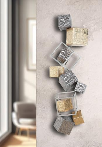 GILDE Wandrelief Cubes Metall anthrazitfarben goldfarben aufgeraut gehämmert 92x30 cm metallische Optik Dekoration Kunst Design Wohnaccessoire