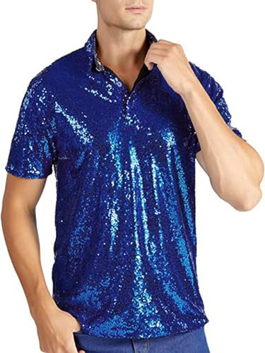 Acrawnni Men Sparkle Sequins Shirt Vintage Summer 1/4 Sparkle Button Short Sleeve Disco Tops 70s Party Club Novelty Shiny Shirt Rave Tops (A-Navy Blue, L)