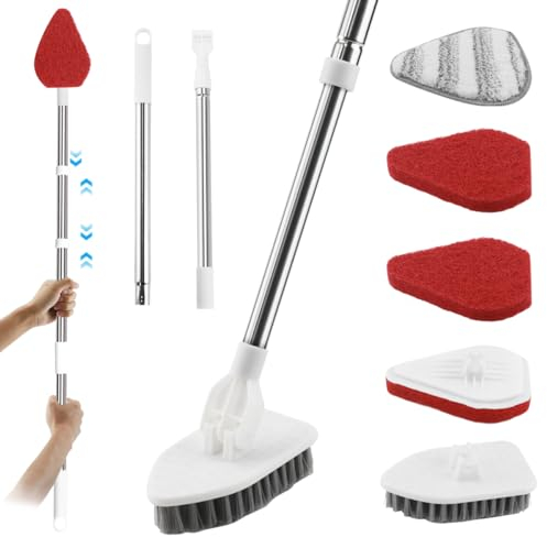 3-In-1 Scrubber with Adjustable Handle and Brush Heads, Telescopic Floor Cleaning Brush for Bathroom, Toilet, Kitchen, Bathtub, Balcony, Including Bristle Brush, Scouring Pad, Fiber Sponge