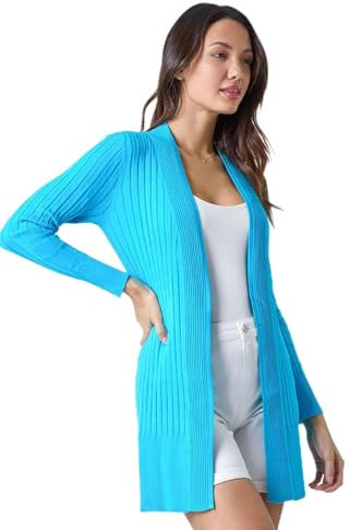 Roman Originals Ribbed Edge to Edge Cardigan for Women UK - Ladies Autumn Everyday Winter Holiday Pull-On Long Sleeves Comfy Soft Vacation Work - Turquoise - Size 12
