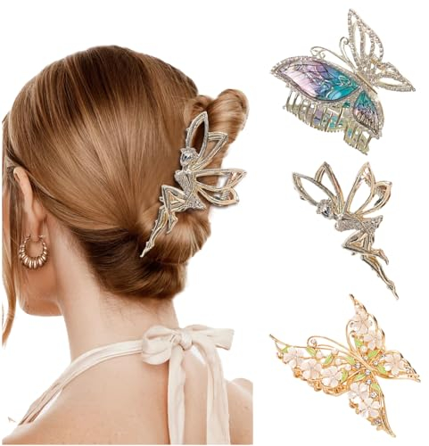 Lot de 3 barrettes à cheveux multicolores Kraeoke avec strass - Pince à cheveux papillon - Grande pince à cheveux pour femmes et filles
