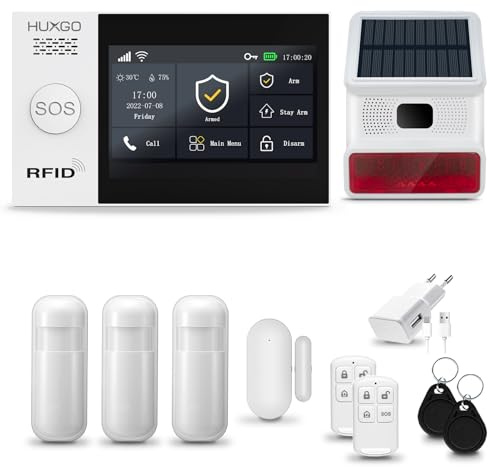 HUXGO® HXA007 Sistema di allarme casa senza fili con Radio Sirena solare WiFi + GSM 4G | Impianto allarme casa kit con 1x sensori di allarme per finestre/portes, 3x rilevatori di movimento