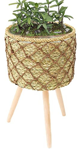 Geflochtener Blumenständer, Pflanztopfständer mit 3 Holzbeinen, Pflanzgefäßständer Halter, Indoor Pflanzgefäß Topfkorb, Pflanzkübel Ständer für Balkon, Wohnzimmer