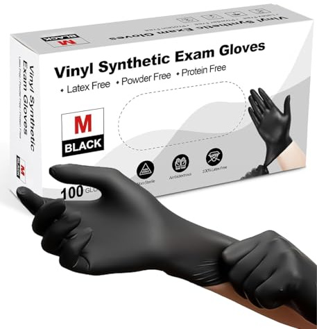 PROMART Black Vinyl Disposable Gloves - Powder and Latex Free Medical Exam Gloves, Black, Industrial Grade, Non-Sterile, Food Safe, Disposable Gloves, Cooking & Cleaning, Box of 100 (500, MEDIUM)