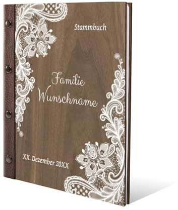 Personalisiertes Stammbuch der Familie Nussbaum Holz Stammbuchformat (ähnlich DIN A5) - Rustikal mit weißer Spitze, 6-Fach Ringmeching, echtes Leder