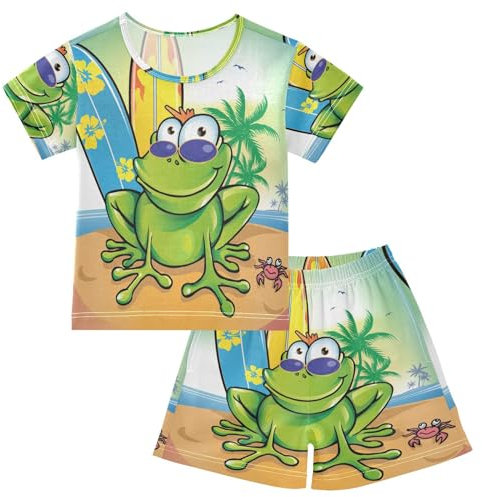 YOUJUNER Kinder Schlafanzug kurz Sommer-Brandungs-Skateboard-Frosch Mädchen Pyjamaset Sommer Shorty Kleidung Zweiteiliger Baumwolle Nachtwäsche