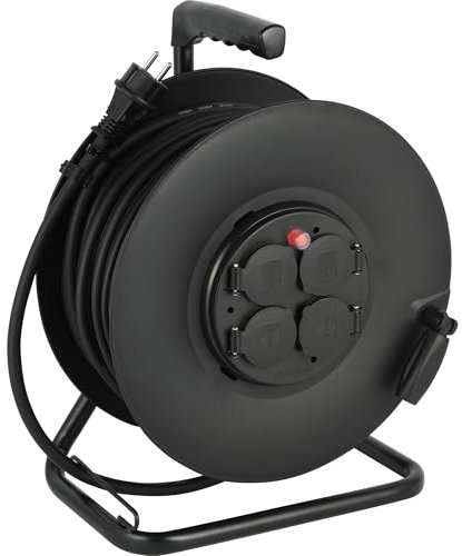 Electraline 20868130D Rallonge Prolongateur électrique IP44 Profesionnelle avec Enrouleur 40M, câble en Caoutchouc H07RN-F 3G2.5 mm², 4 Prises 16A, Noir, 40 M