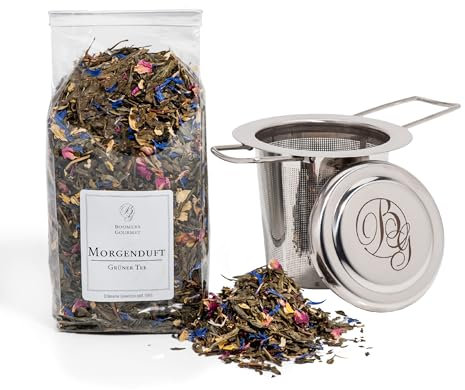 BOOMERS GOURMET - Grüner Tee Morgenduft mit Teesieb Set - Premium Edelstahl Teesieb für losen Tee, Geschenkset für Teeliebhaber - 1 Stück - 80 g