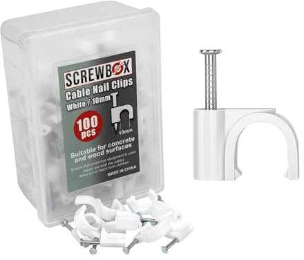 SCREWBOX® Cable Nail Clips, 10 mm 100 Pcs Nail-In Clips, Strong Durable White Round Cable Tacks, Wall Wire Tidy Holder Pins, for wood | concrete | plasterboard