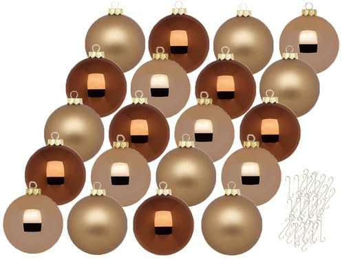 Inge Glas Weihnachtskugeln mit Haken | Schöne Christbaumkugeln aus Glas | Set 20 Kugeln und 40 Aufhänger | Christbaumschmuck Weihnachtsbaumkugeln (Winter Toffee | braun)