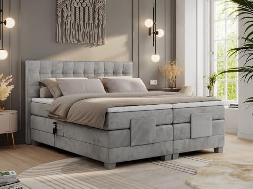 MKS MEBLE Boxspringbett 160x200 elektrisch verstellbar 7-Zonen Taschenfederkern Matratze inkl Visco Topper Bett 160x200 mit Motor Polsterbett Motorbett - Elektro - Hellgrau Velvet - H4