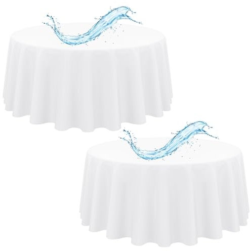 2er-Pack weiße runde Tischdecken, 305 cm, weiße Tischdecken, wasserdichte Polyester-Tischdecke für runde Tische, Flecken- und knitterfrei, waschbare Stoff-Tischdecke für Party, Hochzeit, Essen