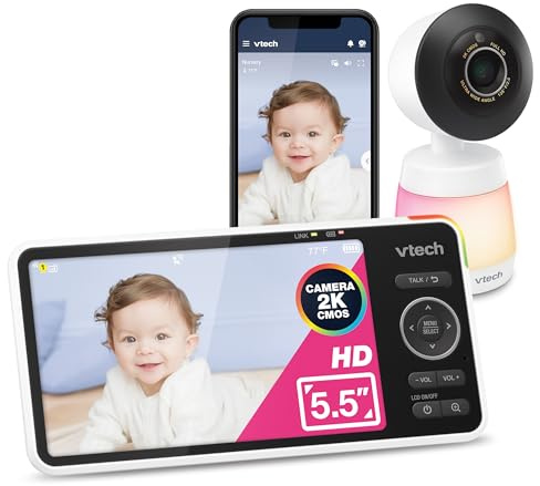 VTech Baby Monitor Smart WiFi, Schermo LCD IPS da 5,5 pollici 720P HD, Fotocamera 1080P, Visione notturna a infrarossi, Zoom panoramico remoto, Conversazione bidirezionale, Luce notturna multicolore