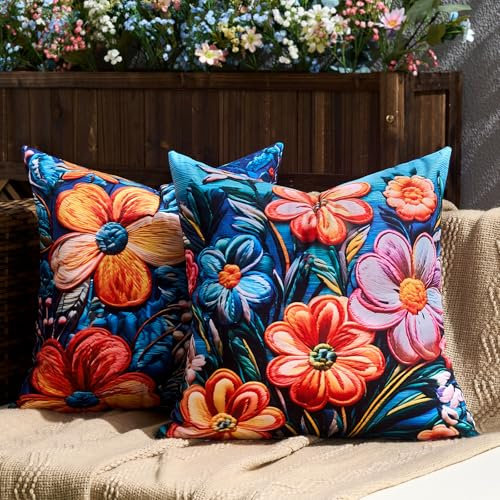 DecorMommt Frühling Blumen Kissenbezug 45x45 cm 2er Set Sommer Blau Abstrakt-Pflanzen Kissenbezüge Dekorative Quadratische Bauernhaus-Dekor-Kissenhülle für Zuhause Sofa Garten