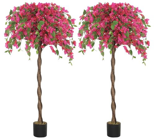HOMCOM Set of 2 Decorative Artificial Plants, Murraya Flowers in Pots, Fake Plants for Home Indoor Decor, 120cm, Purple and Red