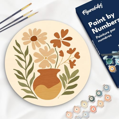 Figured'Art Malen nach Zahlen für Erwachsene auf einer Holzscheibe von 30 cm Durchmesser - Blumentopf - Paint by Numbers Basteln DIY Bastelset