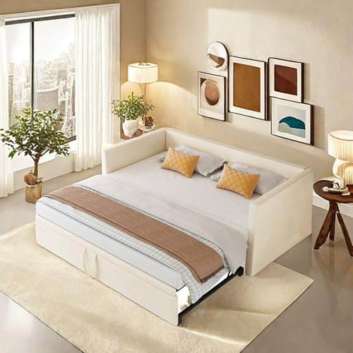 Schlafsofa, ausklappbar, 2-Sitzer, 90/180 x 200 cm, Bettrahmen, 2-Sitzer, ausklappbar, mit Lattenrost, ausziehbar, Samt (ohne Matratze) (Beige)