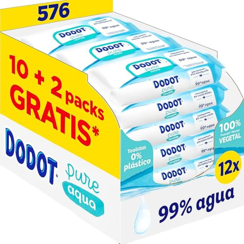 Dodot Pure Aqua Feuchttücher für Babys, 576 Tücher, 12 Packungen mit 48 Stück, 99 % Wasser, plastikfrei, hilft, den natürlichen pH-Wert der Haut wiederherzustellen