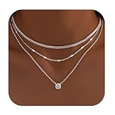 WomenGifts Layered Silver Necklaces for Women, Sterling Silver Cute Pendant Necklace Set with Dainty Cubic Zirconia, Stackable Cuban Chain Choker, Trendy Waterproof Non Tarnish Jewelry Gift