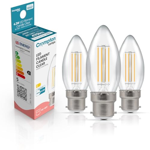 Crompton Lamps Filament Candle LED Light Bulb BC-B22d | 4.2W = 40W Equivalent | Cool White 4000K | Energy Efficient | Bayonet Lightbulb | Long Life 15,000-Hrs | Clear Glass | 3-Pack