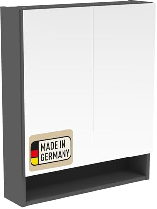 Probus Basic Spiegelschrank 60cm Anthrazit – Moderner Badezimmerschrank mit Zwei Türen und offenen Fach, Korpus in Anthrazit, Made in Germany