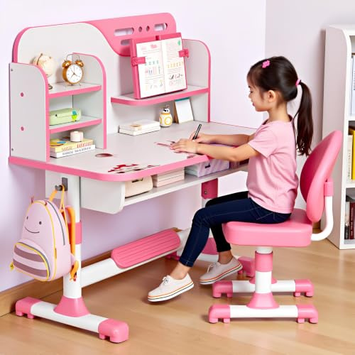 ilkqeppe Schreibtisch Kinder, Kinderschreibtisch Höhenverstellbar, Kinder Schreibtischstuhl mit Bücherregal und Schublade für Schlafzimmer und Arbeitszimmer (Rosa-e)