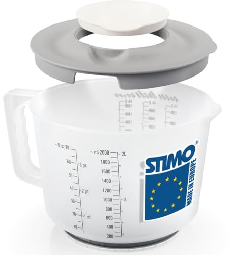 Messbecher 2L Rührbecher mit Deckel Spritzschutz und Ausgießer Stoppboden Skala ml Gramm Rührbehälter