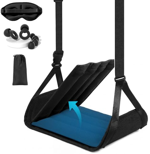 Repose-Pieds d’Avion avec Plaque de Support Amovible, Hamac Repose-Pieds Réglable Antiaffaissement, Repose-Jambes Portable avec Sac, Masque de Sommeil et Bouchons d’Oreilles pour Avion/Train/Bureau