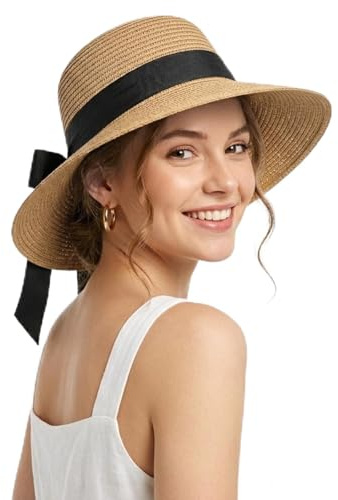 Ynport Crefreak Sombrero de Paja de ala Ancha para Mujer con Lazo Negro, Sombrero de Playa de Verano Plegable con Protección UV para Vacaciones, Viajes y Uso Diario