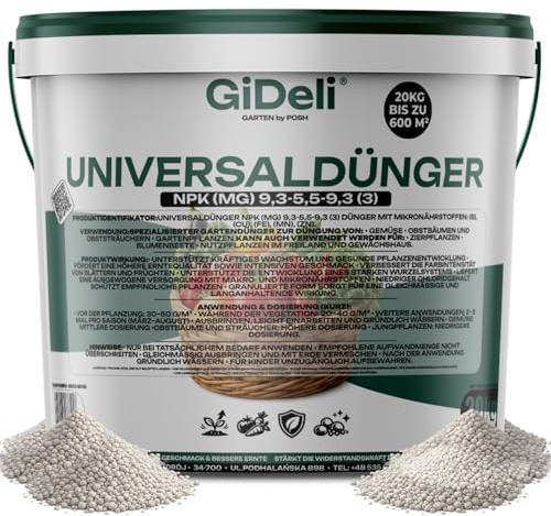 GiDeli Universaldünger 20kg im Eimer - Dünger Garantiert Gesunde und Nährstoffreiche Ernten - Gemüsedünger Niedriger Chloridgehalt - Langzeitdünger Einflussnahme auf die Pflanzenentwicklung