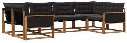 vidaXL Outdoor-Sofagarnitur mit Kissen 6 pcs Natürlich und Schwarz, Garten-Sofa, modernes Outdoor-Sitzset, strapazierfähige Terrassenmöbel, gemütliche Lounge für Dein Wohnzimmer