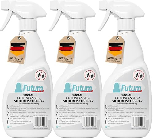 Biozidfreies Silberfisch & Assel Spray 3x500ml – Effektives Mittel gegen Silberfische im Haus oder Keller – Silverfish & Papierfisch Spray – Geruchsarm und Fleckenfrei – FUTUM