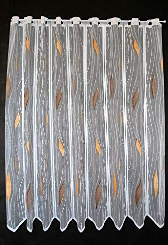 Scheibengardinen 90 - 130 cm hoch Scheibengardine Tropfenmuster 75 cm hoch weiß mit braun/Terra - Wunschbreite frei wählbar durch gekaufte Menge in 14 cm Schritten - Meterware