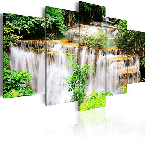 decomonkey Bilder Wasserfall 200x100 cm XXL 5 Teilig Leinwandbilder Bild auf Leinwand Wandbild Kunstdruck Wanddeko Wand Wohnzimmer Wanddekoration Deko Wald Natur Landschaft