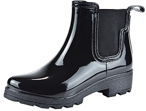 Jamron Donna Moda Chelsea Stivali da Pioggia Tacco Grosso Caviglia Alta Stivali di Gomma Nero SN02002 EU37