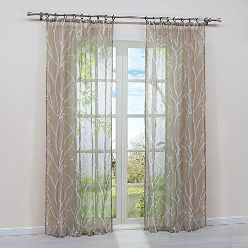 HongYa 1 Stück Transparente Gardine Schal mit Kräuselband Voile Vorhang Fensterschal Äste Muster H/B 175/140 cm Sand