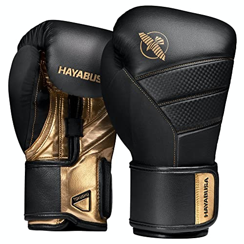 Hayabusa T3 Guantes de Boxeo para Hombres y Mujeres, protección de muñecas y Nudillos, Cierre de Gancho y Bucle Dual-X, Soporte de muñeca férula, Acolchado de Espuma de 5 Capas, Negro/Dorado, 14 oz